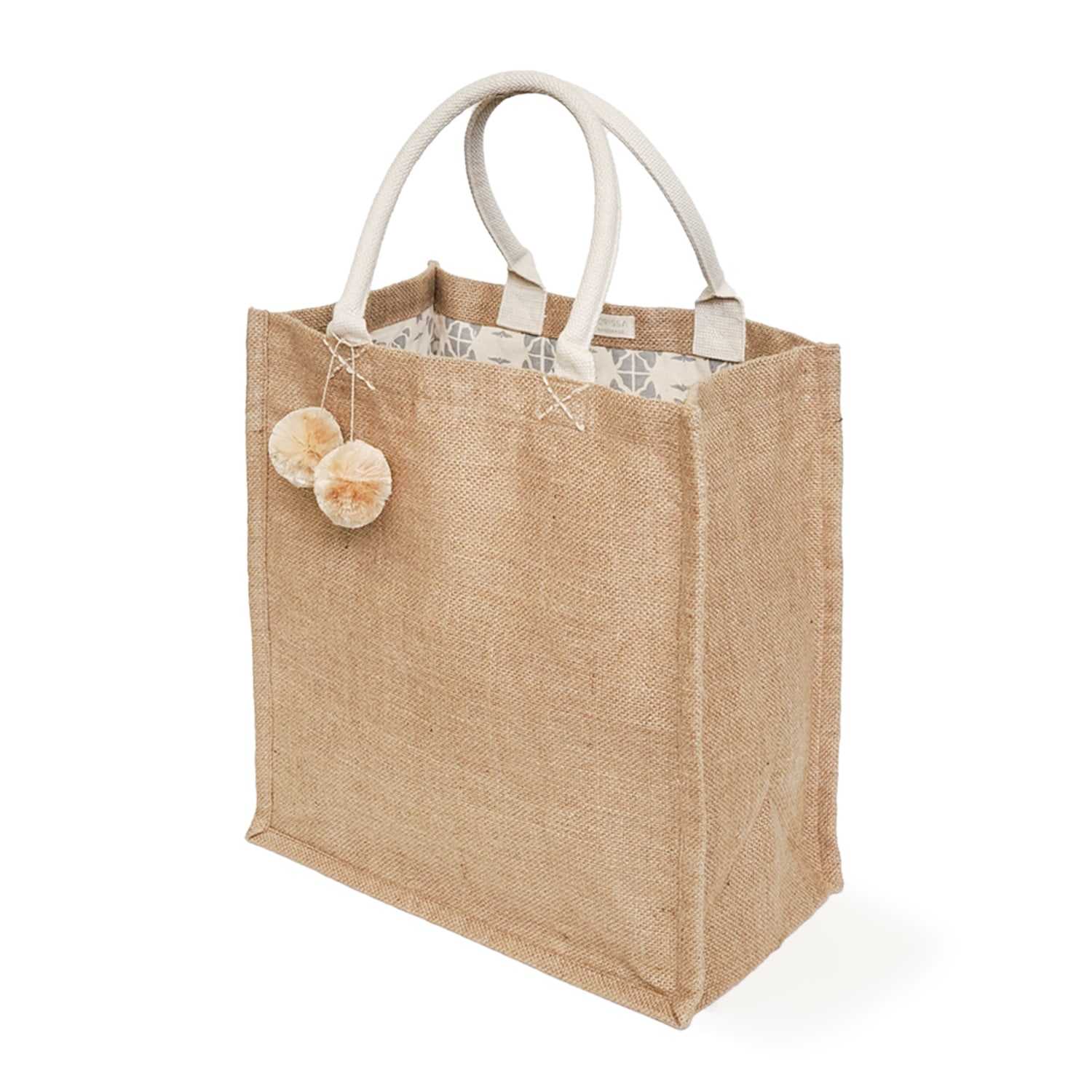 Korissa Jute Canvas Market Bag With Pompom In Gray/white