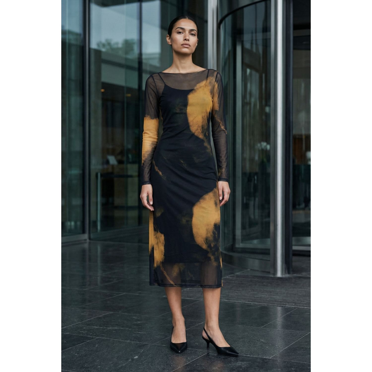 Sheer Mesh Midi Dress With Abstract Print And Layered Slip