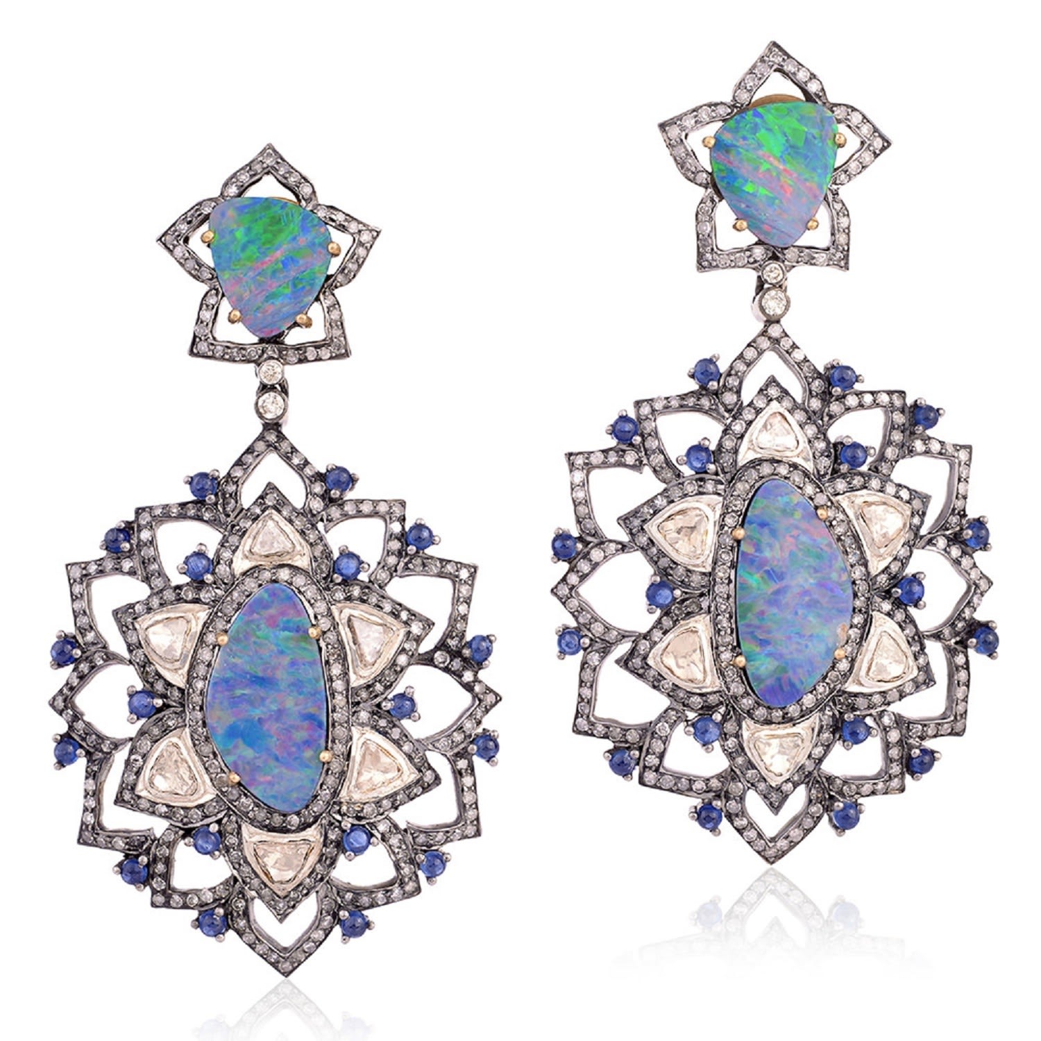 Artisan Women's White / Blue Opal Doublet & Blue Sapphire Pave Diamond In 18k Gold 925 Silver Dangle Earring In Multi