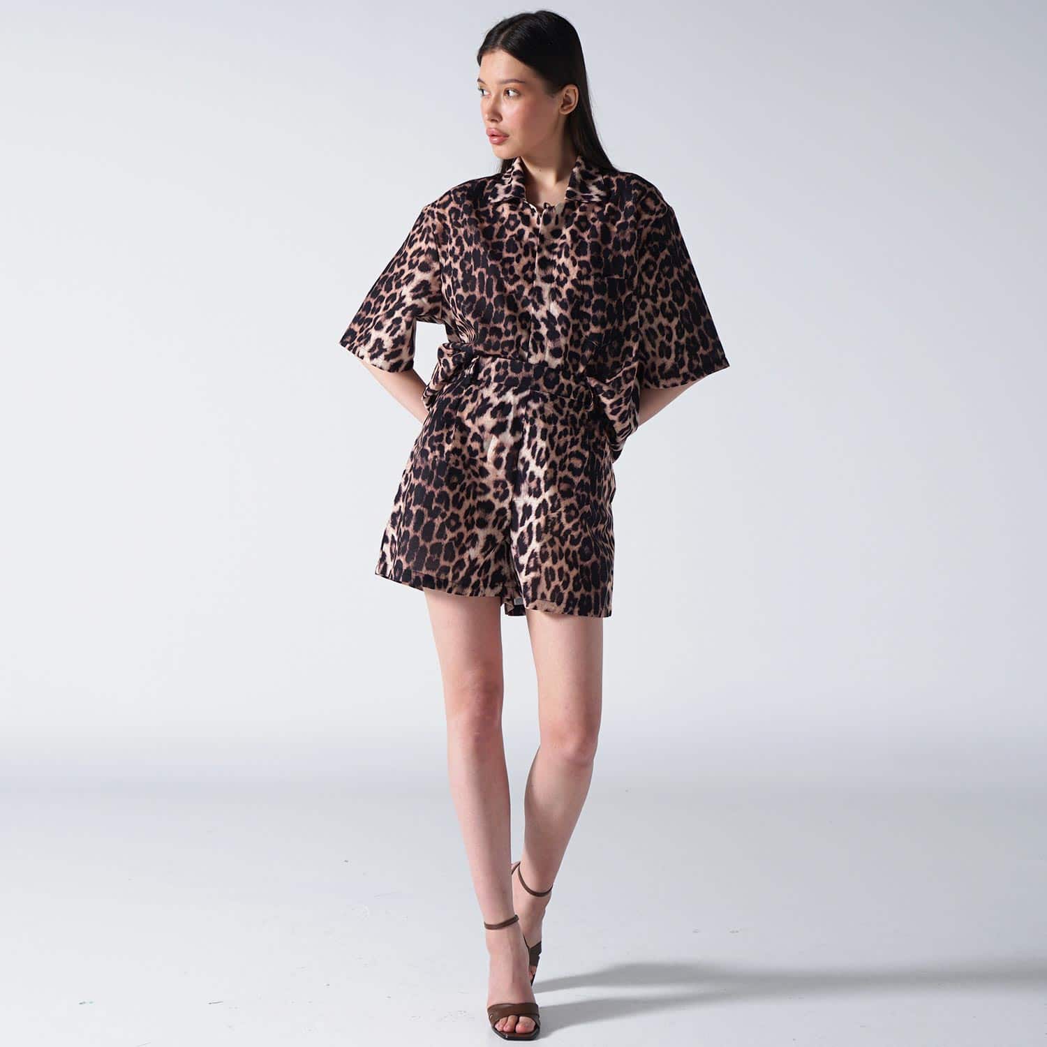 oversized leopard print shirt dress Luneh Brown Leopard Print Dress Women's Short Round Neck Batwing Sleeve Casual Pocket Knitted Fabric Regular Fit Summer Daily Tunic Shift Mi,L