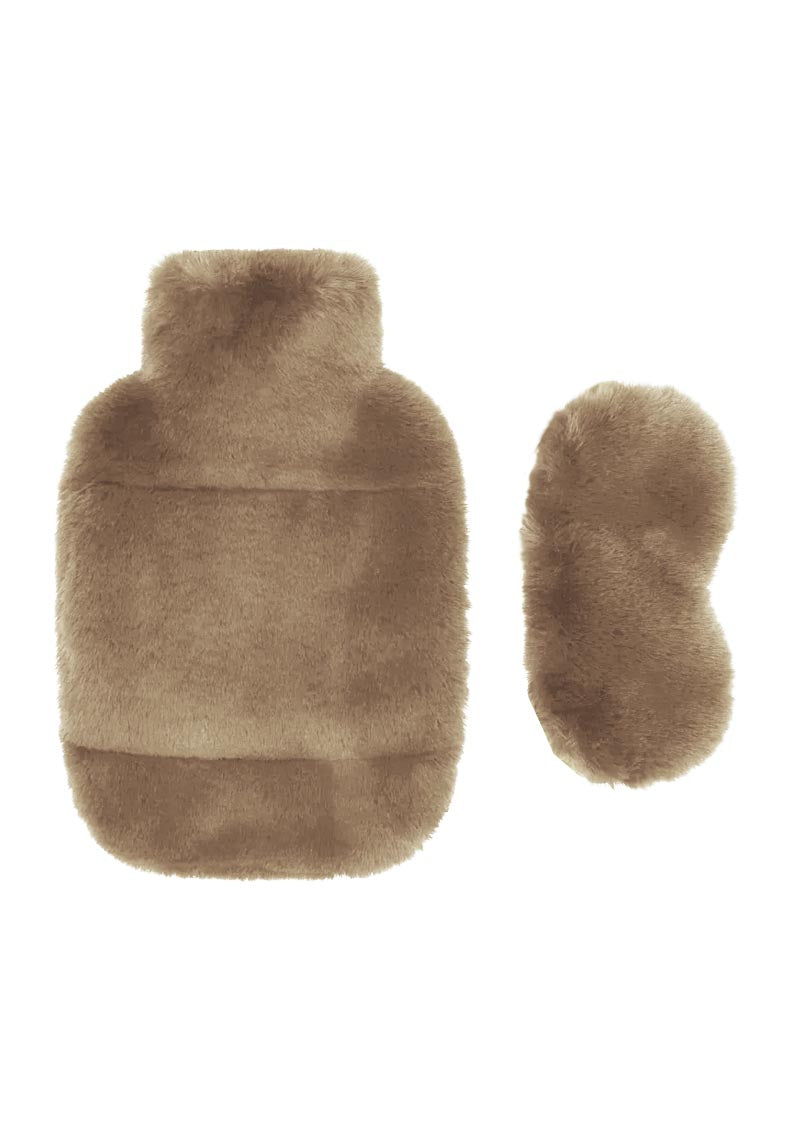 Nooki Design Women's Neutrals Faux Fur Hot Water Bottle And Eye Mask Set-camel In Beige