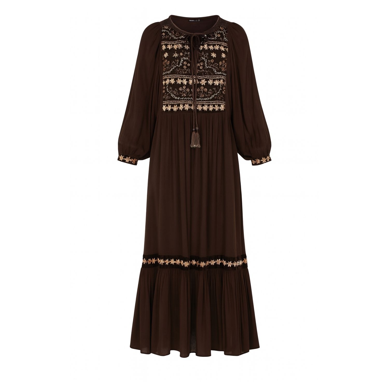 Rose & Nancy Women's Gold / Black Arianna Chocolate Brown Velvet Embroidered Panel Maxi Dress In Brown