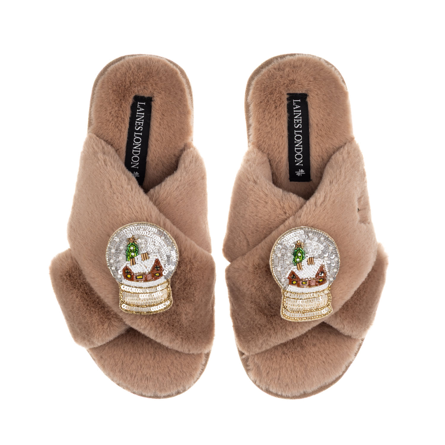 Laines London Women's Brown / Neutrals Classic Laines Slippers Christmas Collection With Double Snow Globe Brooche In Brown