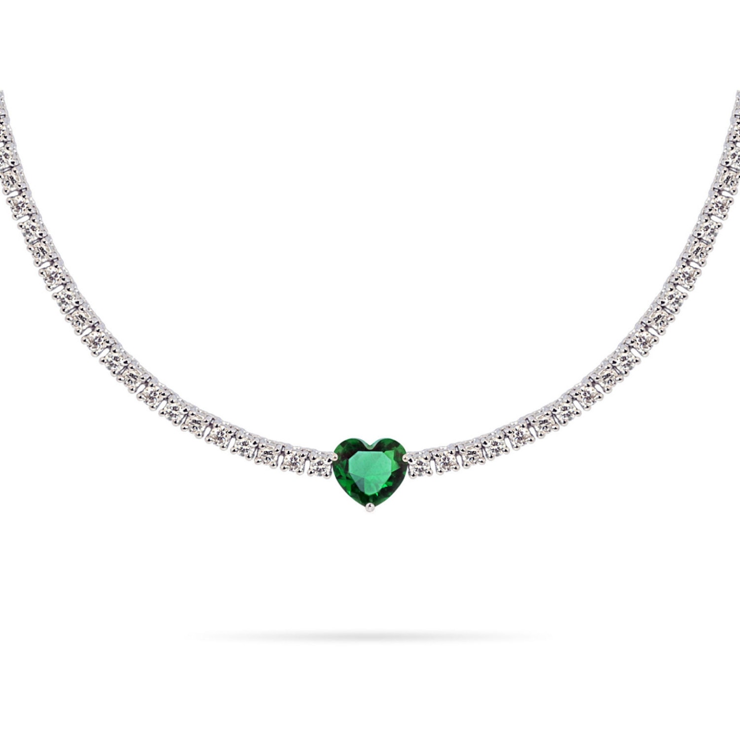 Women’s Choker Tennis Scarlett 3Ct Emerald Heart Precious Stone, Diamonds & 18K White Gold Aquae Jewels