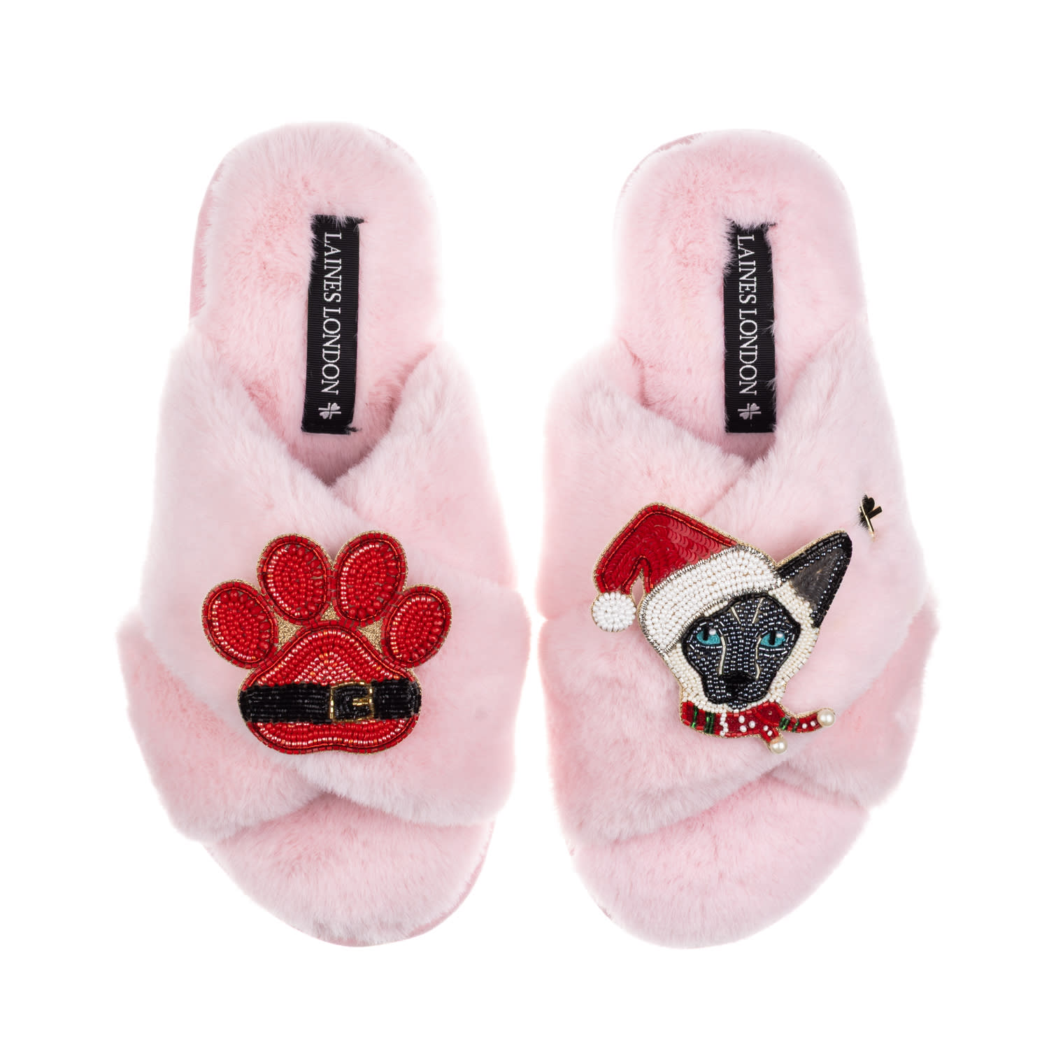 Laines London Women's Classic Slippers With Christmas Black & White Siamese Cat & Paw Brooches - Pink In Pink
