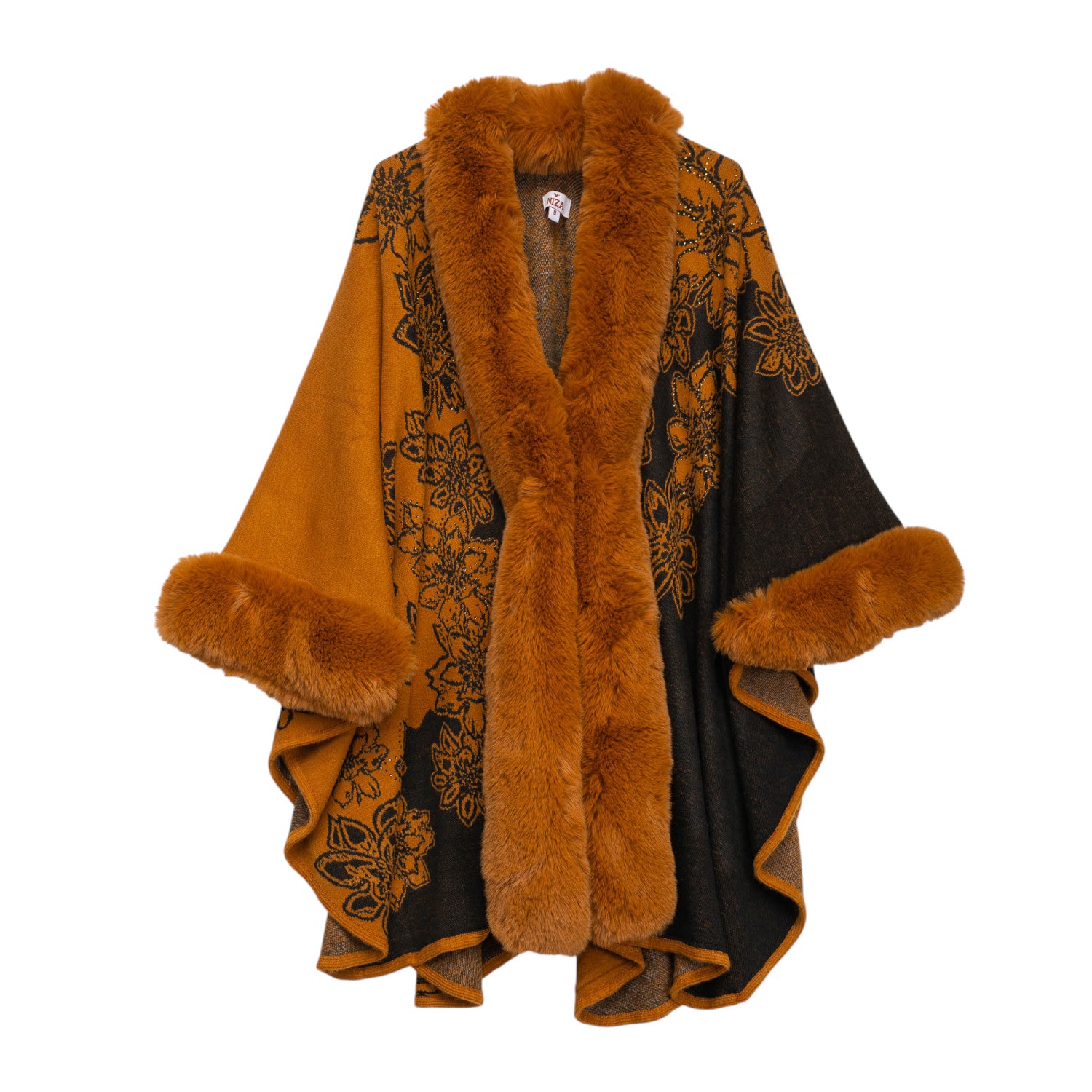 Niza Women's Orange Two Tone Floral Poncho With Faux Fur Trim In Brown