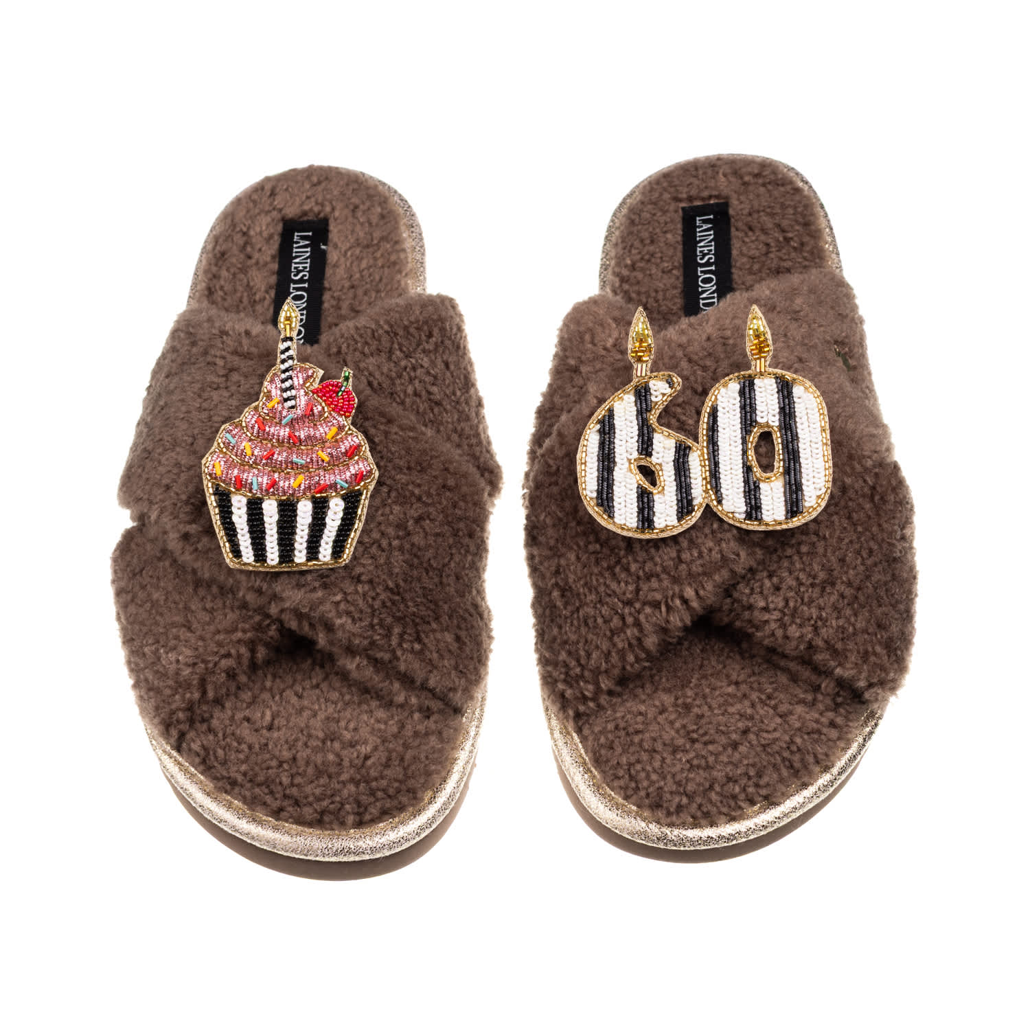 Laines London Women's Brown / Neutrals Laines Neutral Boucle Slippers With Stripe 60th Birthday & Cake Brooches - 