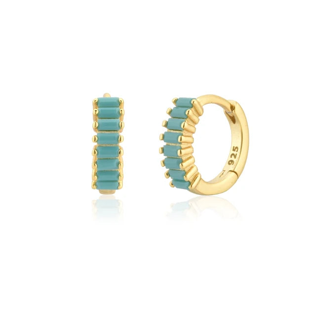 Nazzar Women's Gold / Blue Baguette Cut Turquoise Huggies Earrings