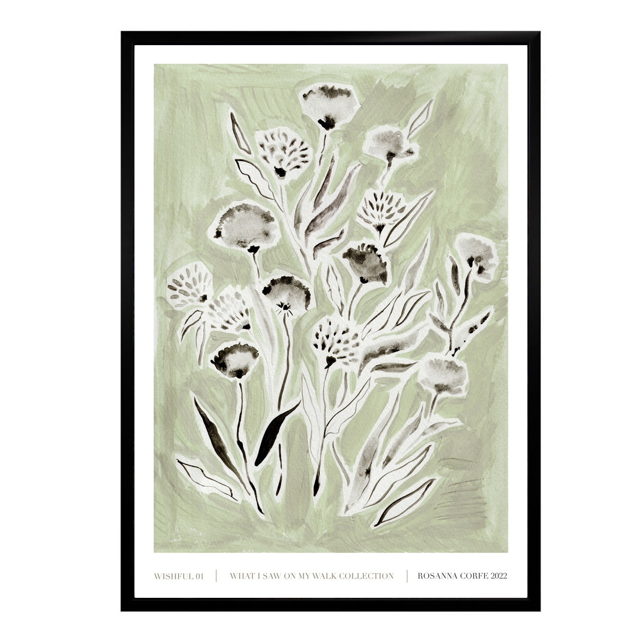 Rosanna Corfe Grey / Green / Neutrals A3 - Wishful Green Floral Art Print In Grey/green