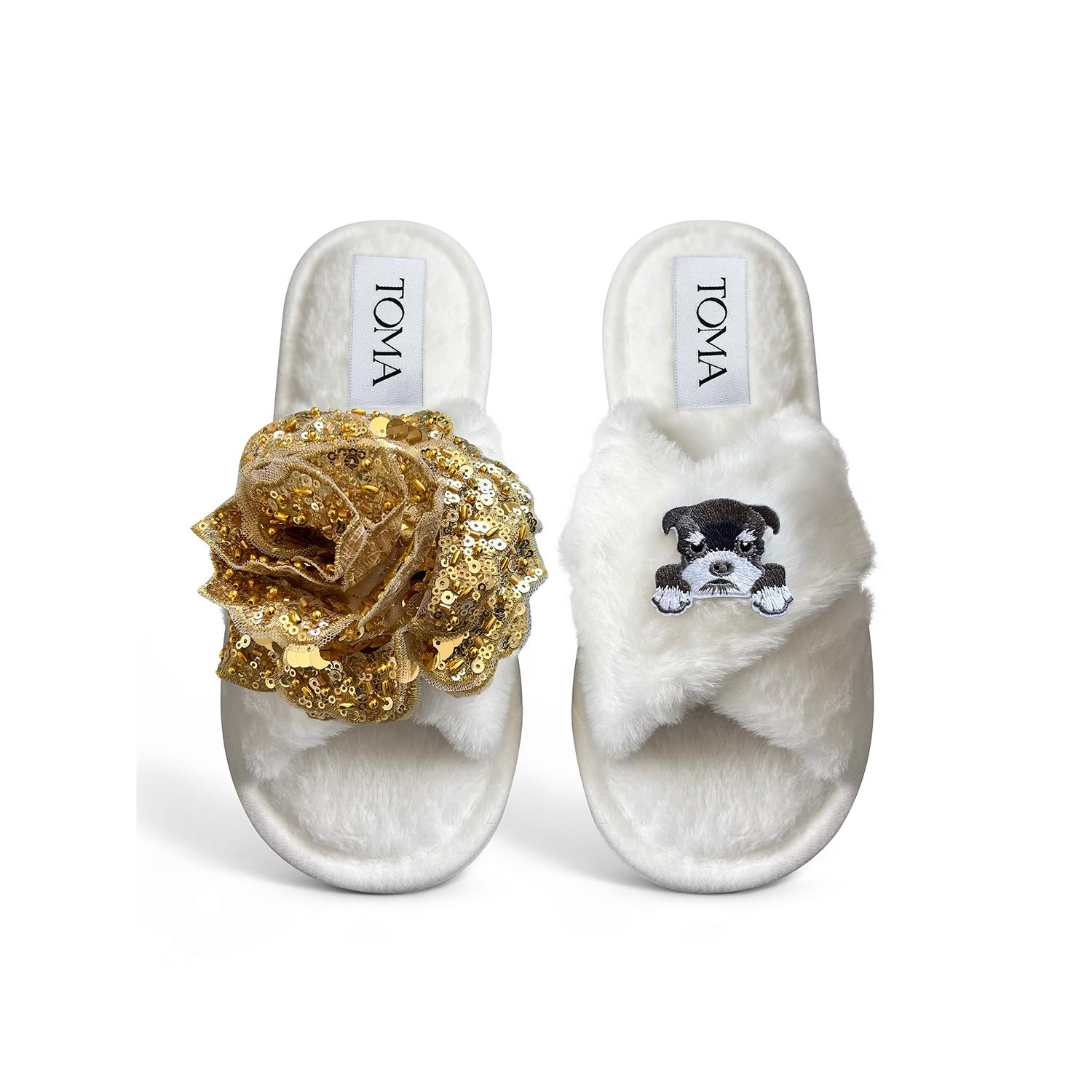 Toma Women's White Classic  Open Toe Gold Sequin Flower And Dog Six Slippers In Multi