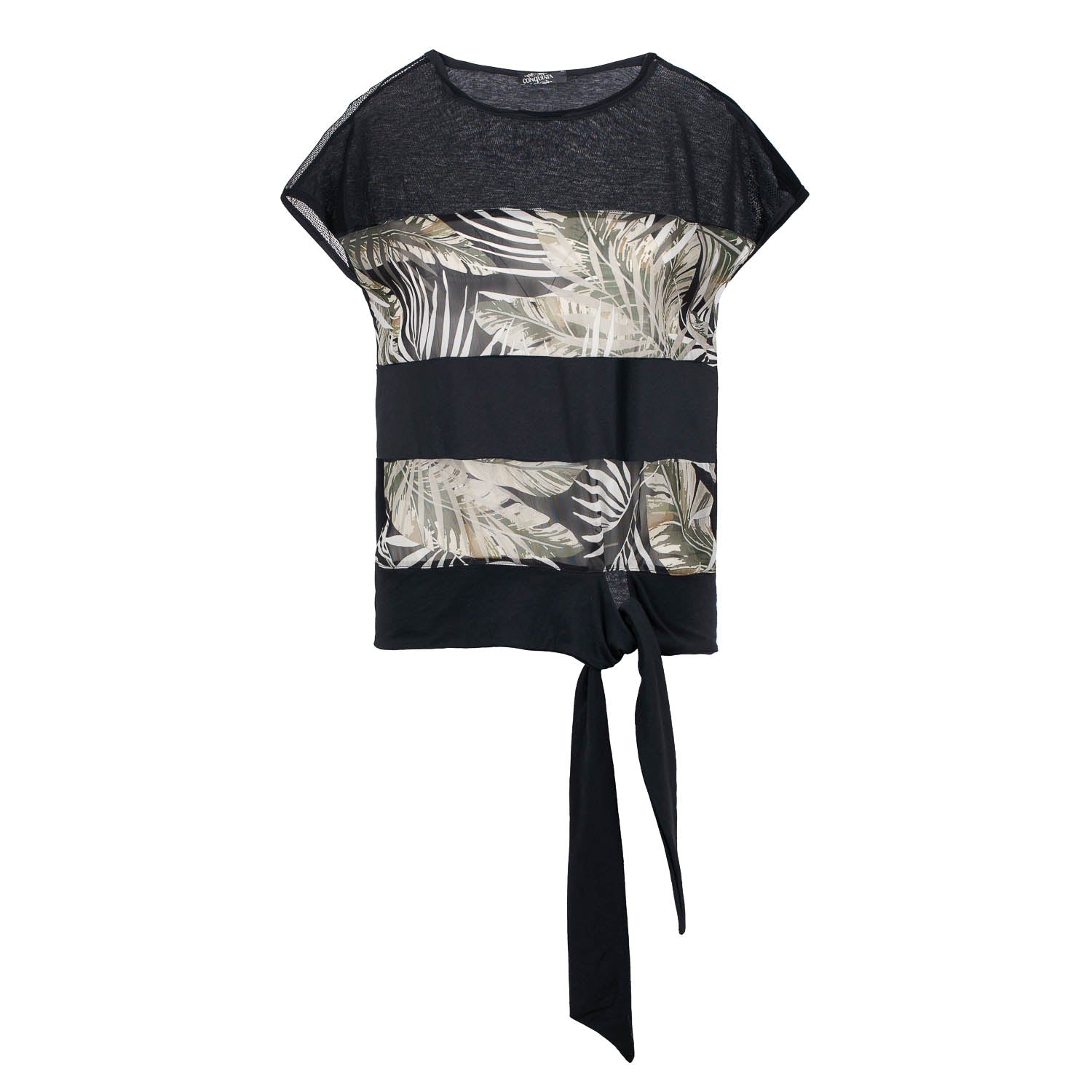 Conquista Women's Black Leaf Print Top With Ties In Black