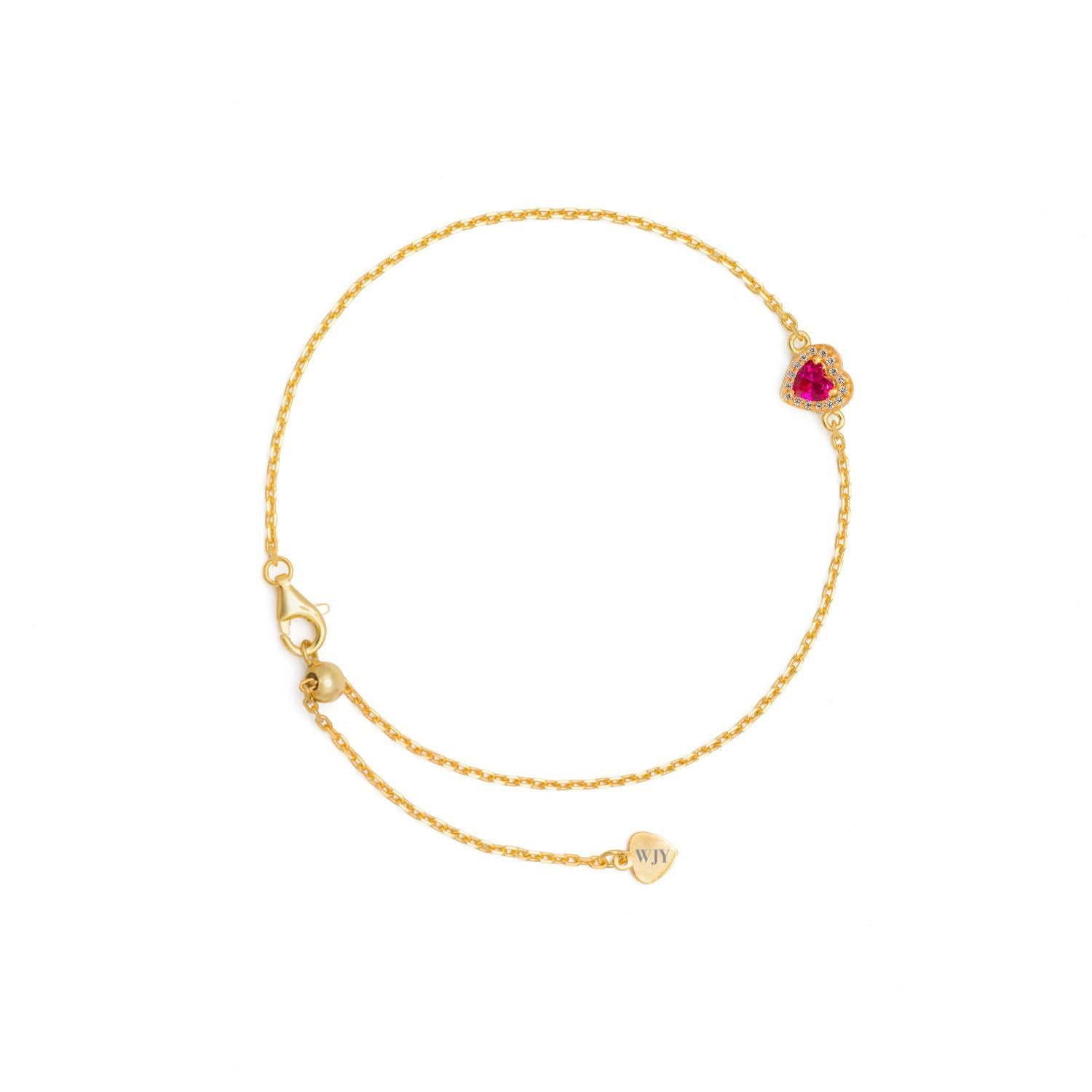 Jiaying Wang Wjy Studio London Women's Red Birthstones Ruby Heart Gold Plated Adjustable Bracelet / Anklet