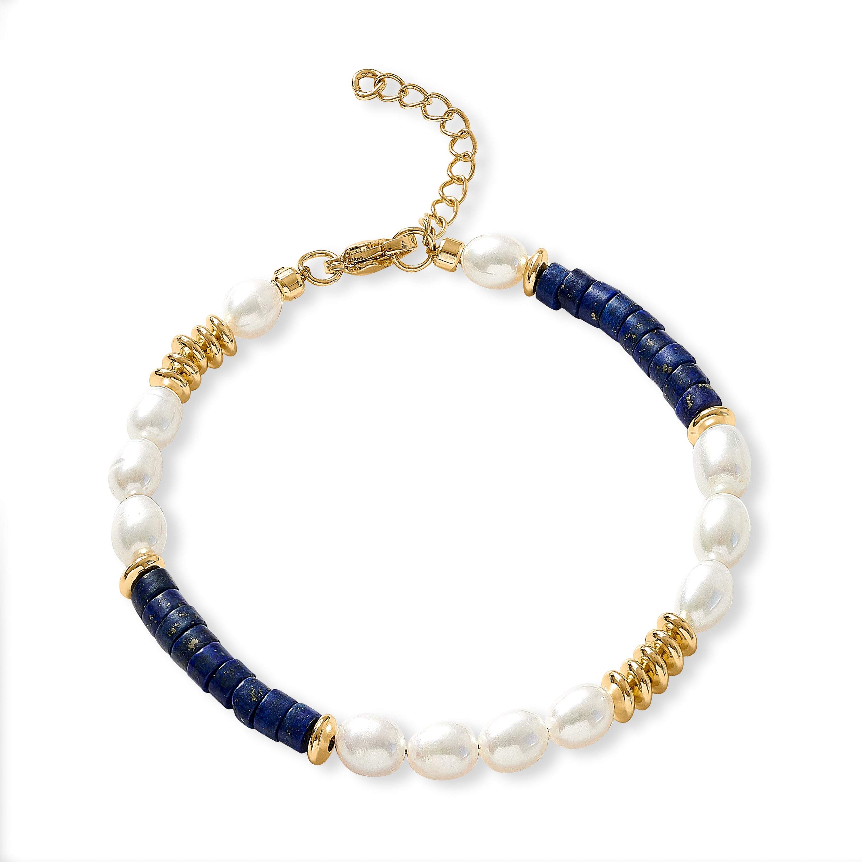 Pearls Of The Orient Online Women's Blue / White Nova Oval Cultured Freshwater Pearl Bracelet With Lapis & Gold Beads