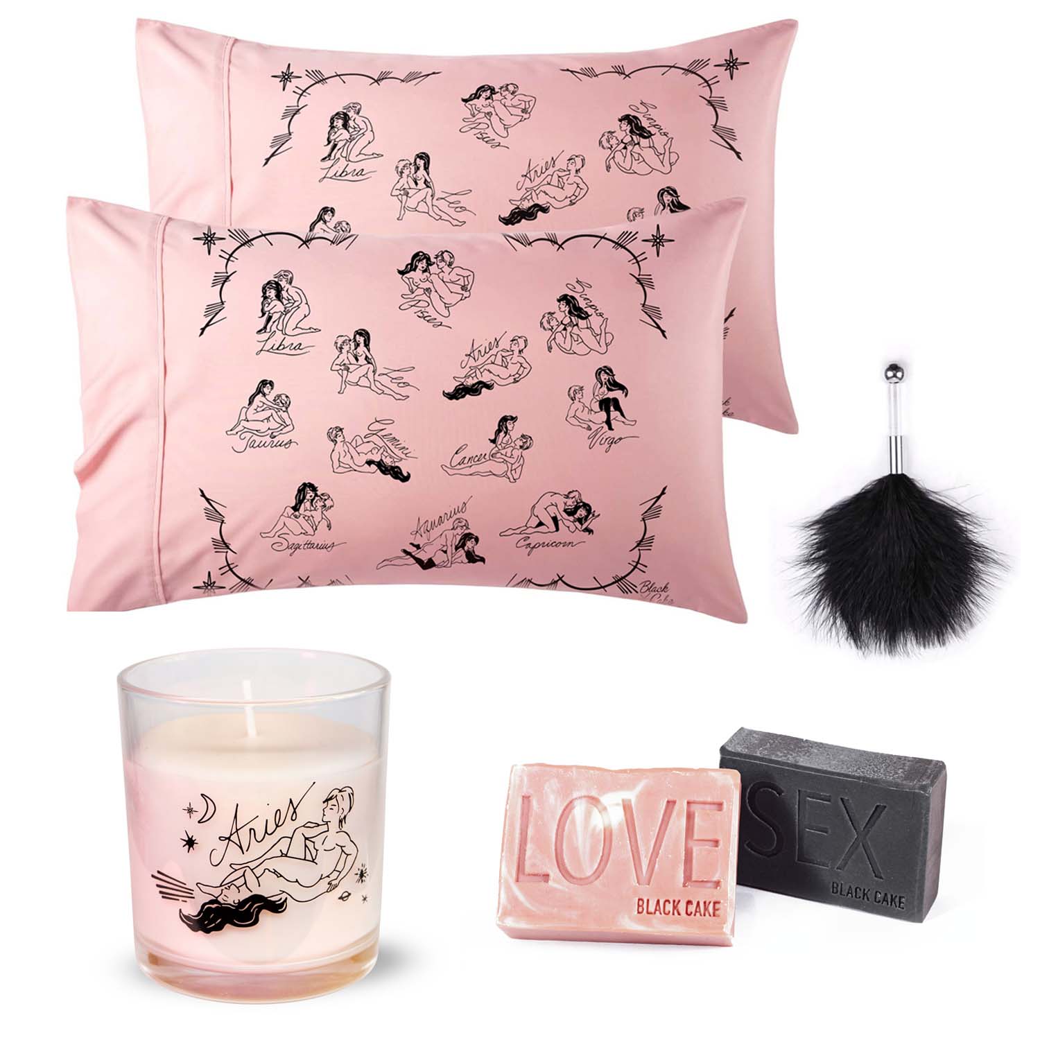 Pink / Purple Valentine Day Aries Zodiac Horoscope Love Pillowcase, Soap, Candle Set Black Cake