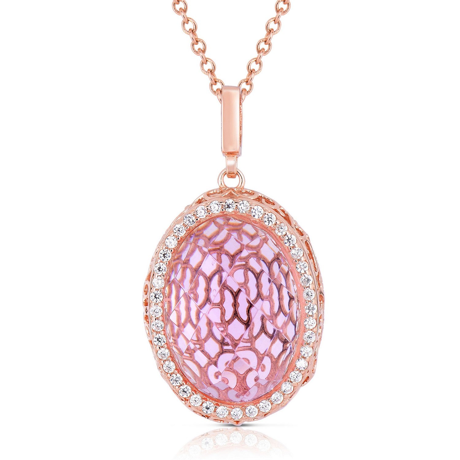 Women’s Pink / Purple / Rose Gold Cubic Zirconia Sterling Silver Rose Plated Pink Oval Pendant Genevive Jewelry