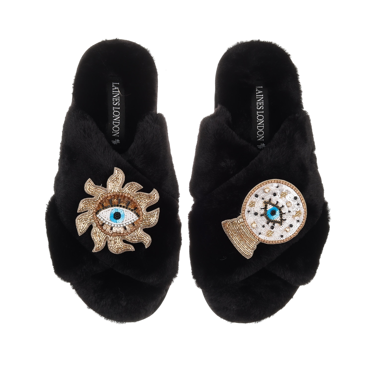 Laines London Women's Classic Laines Slippers With Double Mystic Eye Brooches - Black In Black