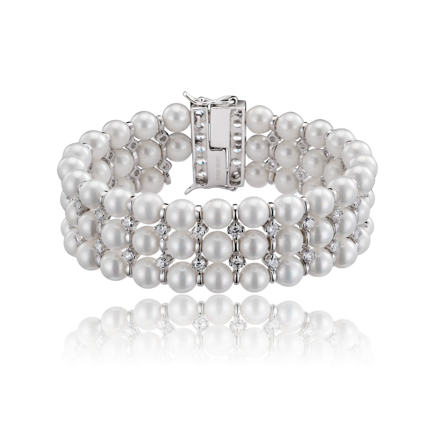 Women’s White Sterling Silver Cubic Zirconia And Three Row Pearl Bracelet Genevive Jewelry