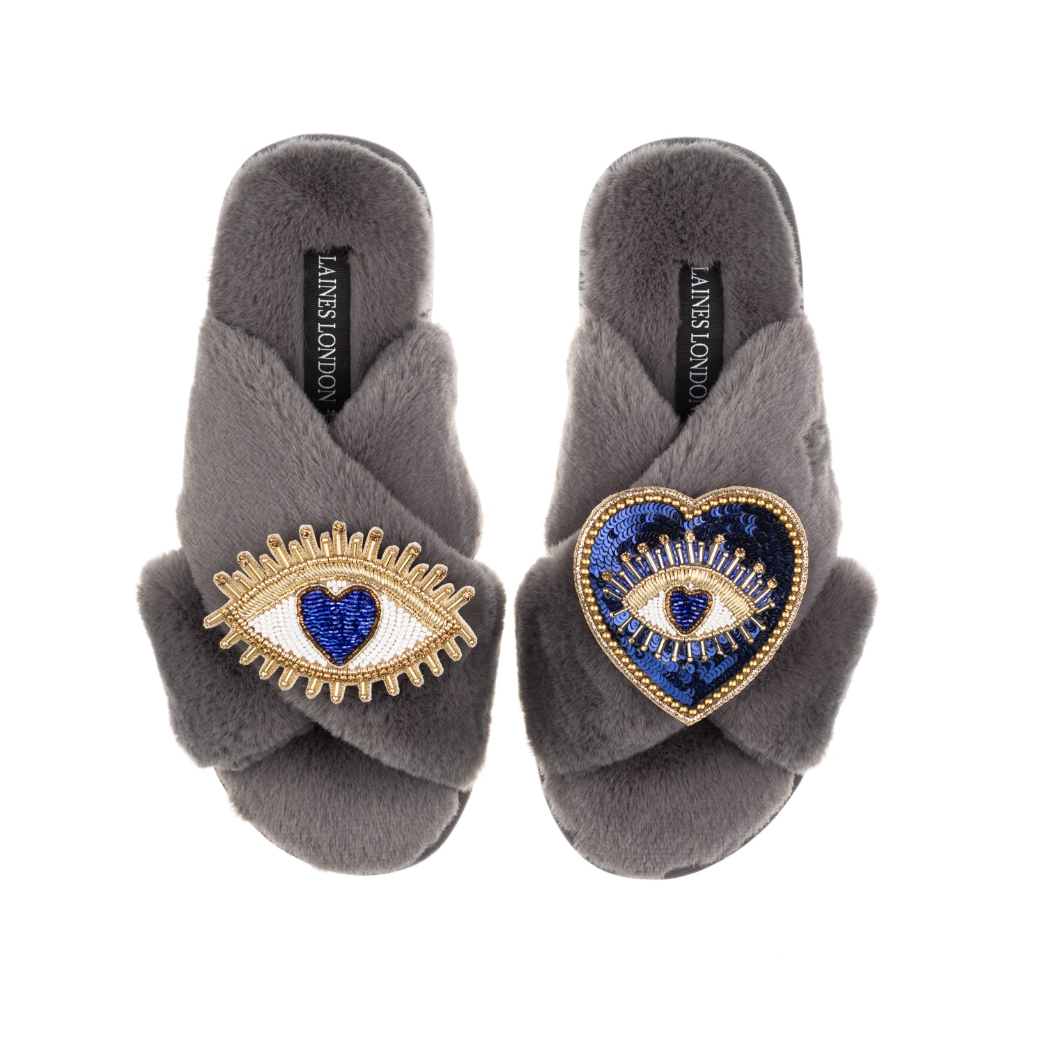 Laines London Women's Classic Laines Slippers With Double Blue Heart & Love Eye Brooches - Grey In Grey