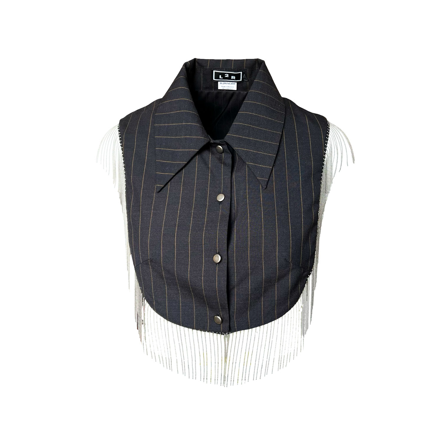 L2r The Label Women's Black / Brown Reversible Metallic Fringe Vest In Pinstriped Black