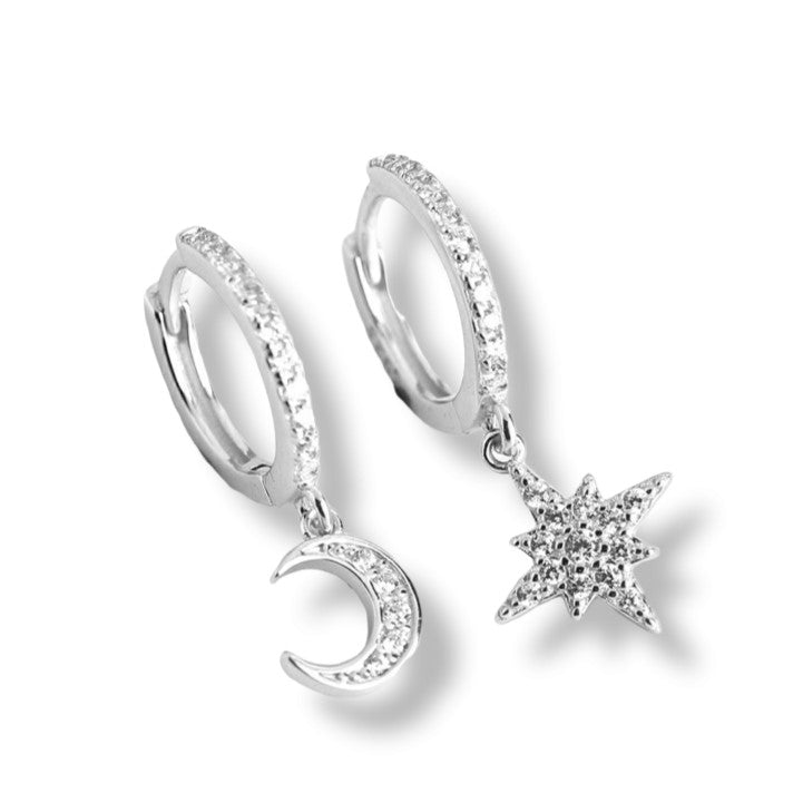 Women’s Moon & Star Huggie Hoops In Silver Gold Trip