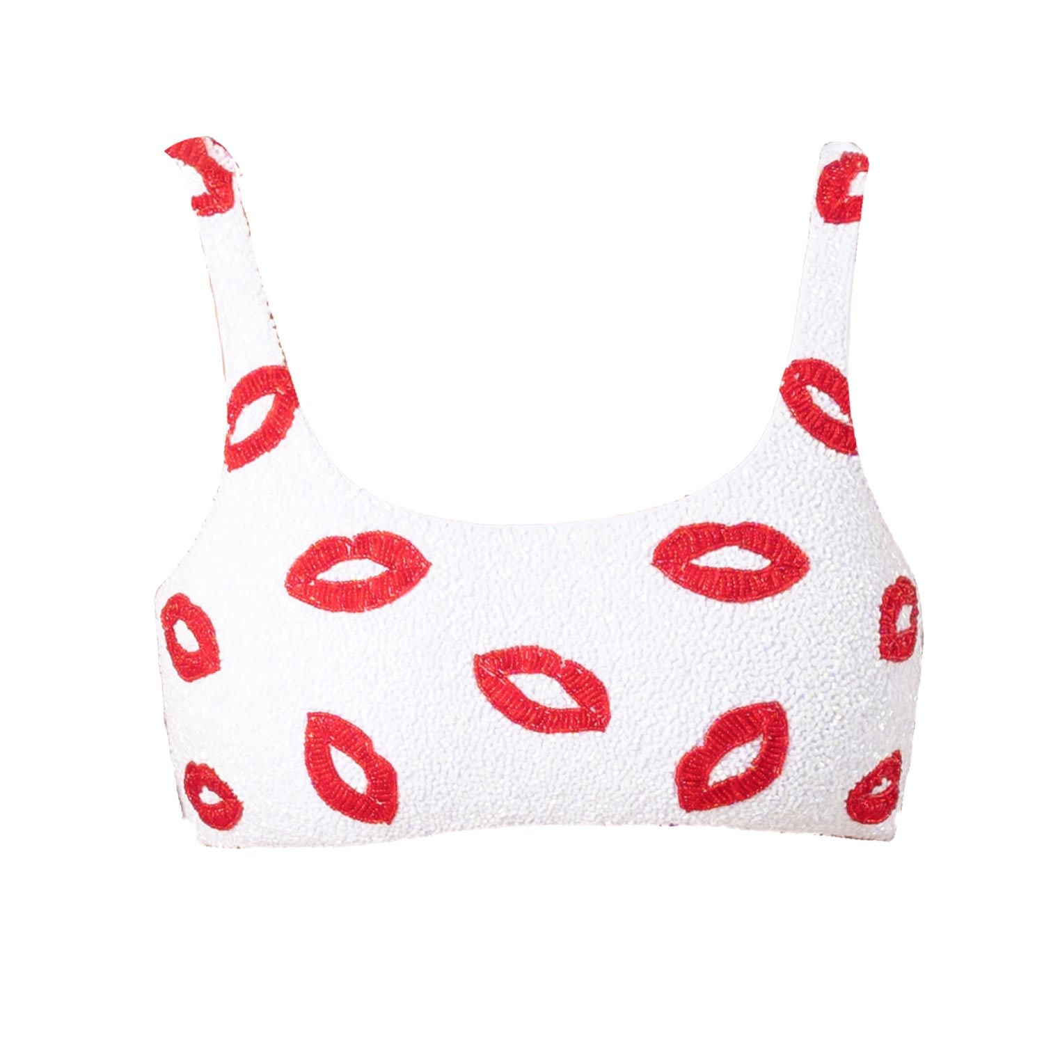 Self-adore Women's White / Red Kiss Hand-beaded Embellished Bikini Top- White In Multi