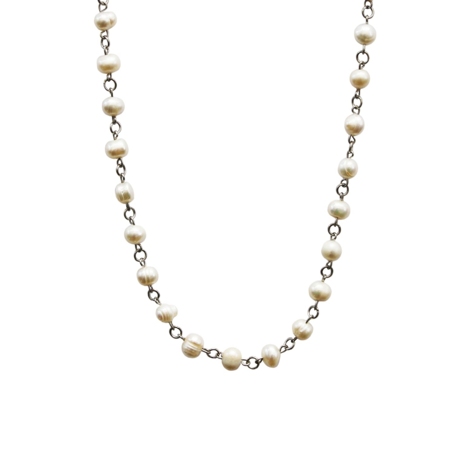 Mhart Women's Silver White Pearl Link Necklace