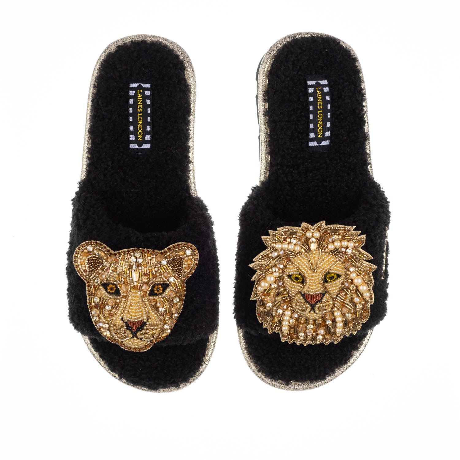 Laines London Women's Teddy Toweling Slipper Sliders With Lion & Lioness Brooches - Black In Black