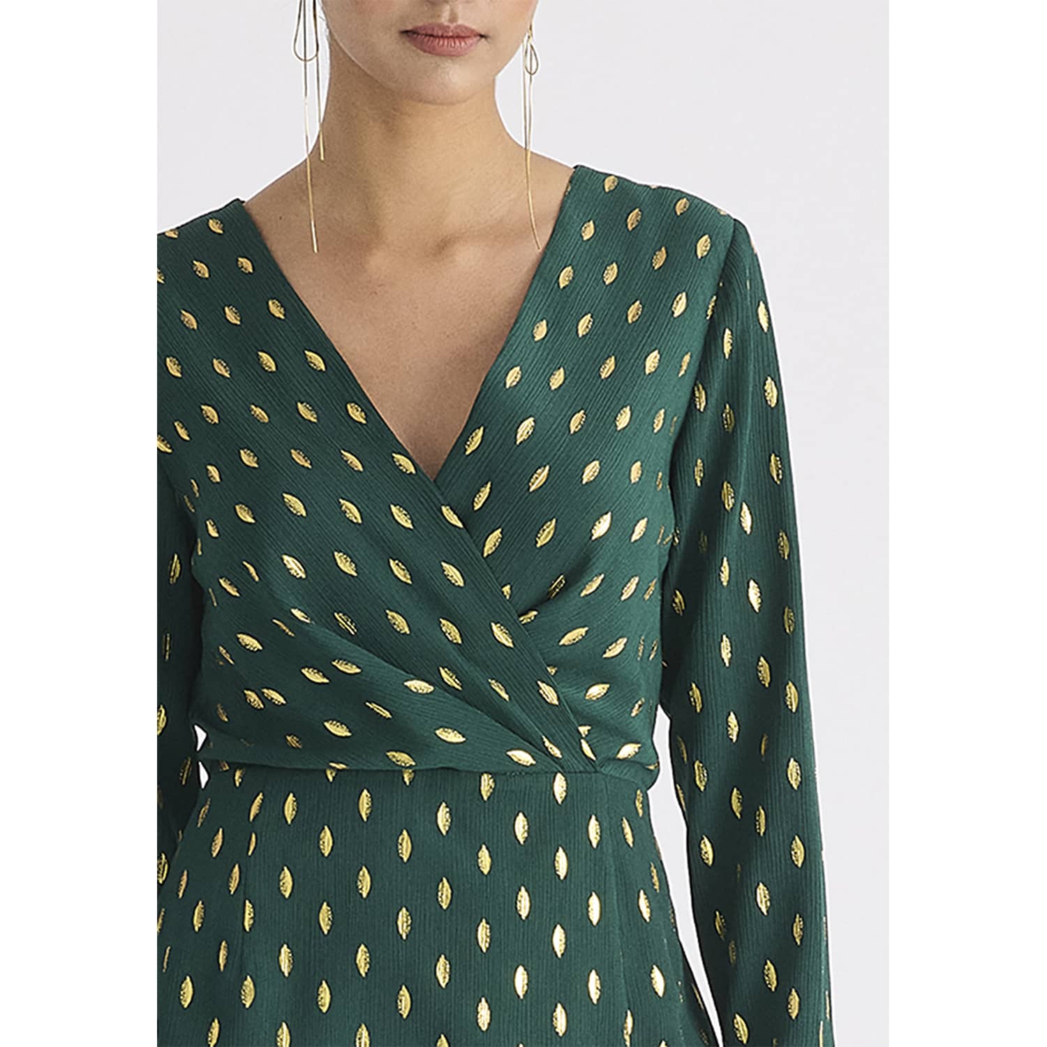 Gold Foil Print Mini Wrap Dress With Slit In Dark Green & Gold | PAISIE |  Wolf & Badger