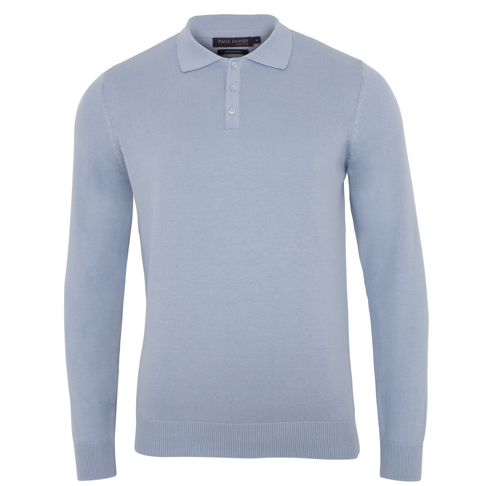 Paul James Knitwear Mens Cotton Hall Long Sleeve Knitted Polo Shirt - Chalk Blue In Blue