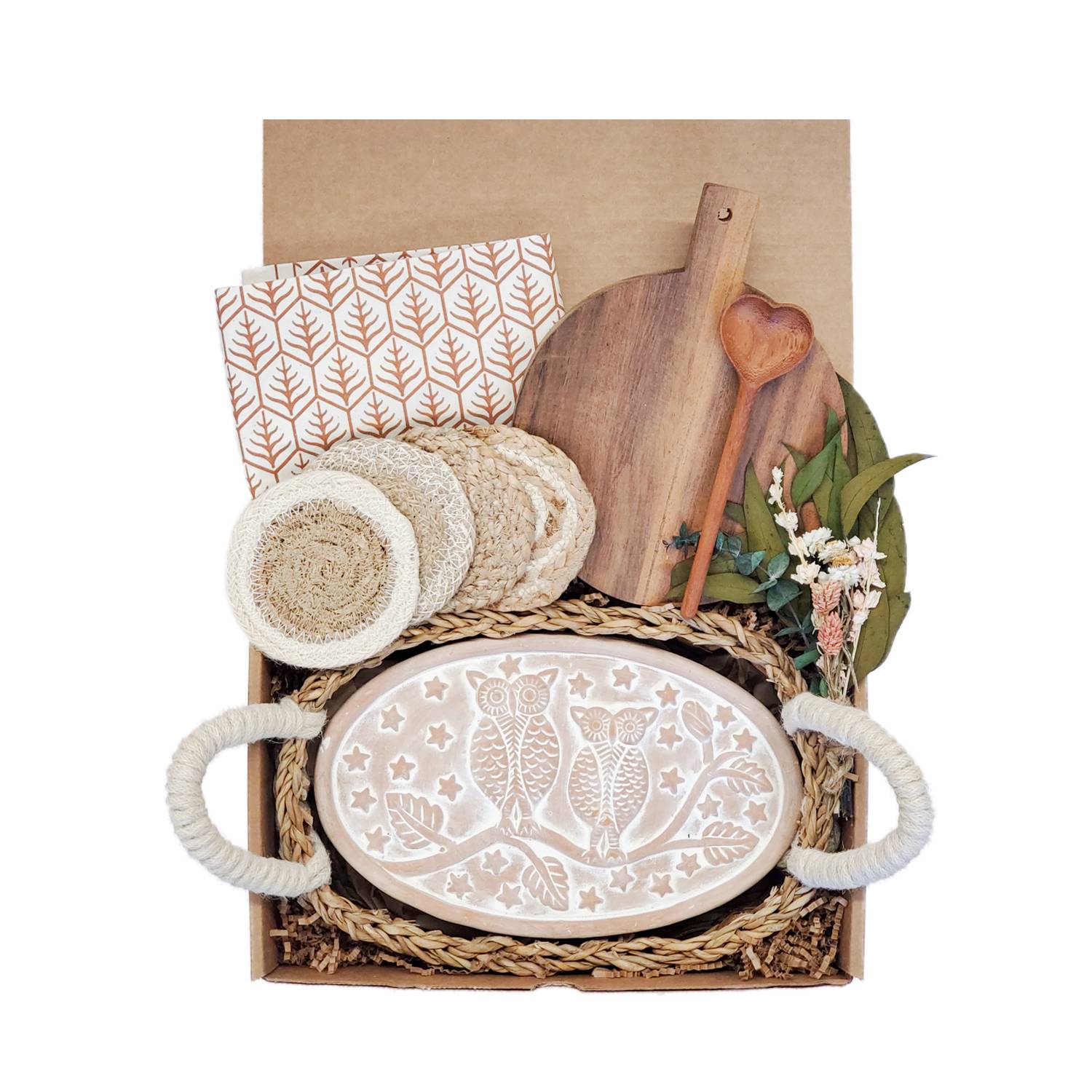 Korissa Bread Warmer Gift Box With Round Wooden Board, Spoon And Light Brown Tea Towel - Owl Oval