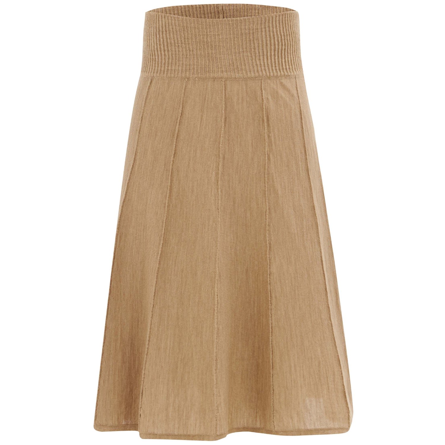 Women’s Brown High Waist 3D Vertical Striped Below Knee Knitwear Skirt - Camel Melange Small Peraluna