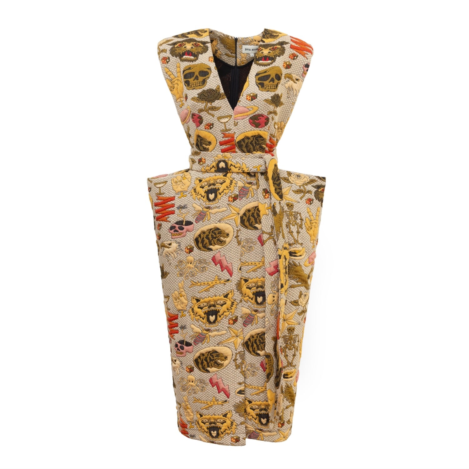 Julia Allert Women's Neutrals Fashion Midi Dress With Belt And Bold Shoulders Jacquard