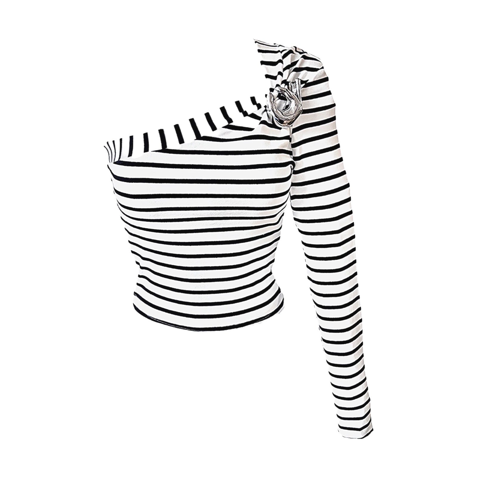 London Atelier Byproduct Women's Black / White Striped One Sleeve Top With Metal Brooch In Black/white