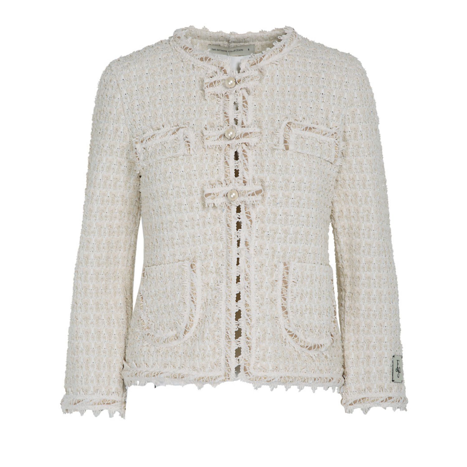 Women’s White Tweed Cotton Blend Jacket With Patch Pockets And Pearls Buttons Zoe Small The Extreme Collection