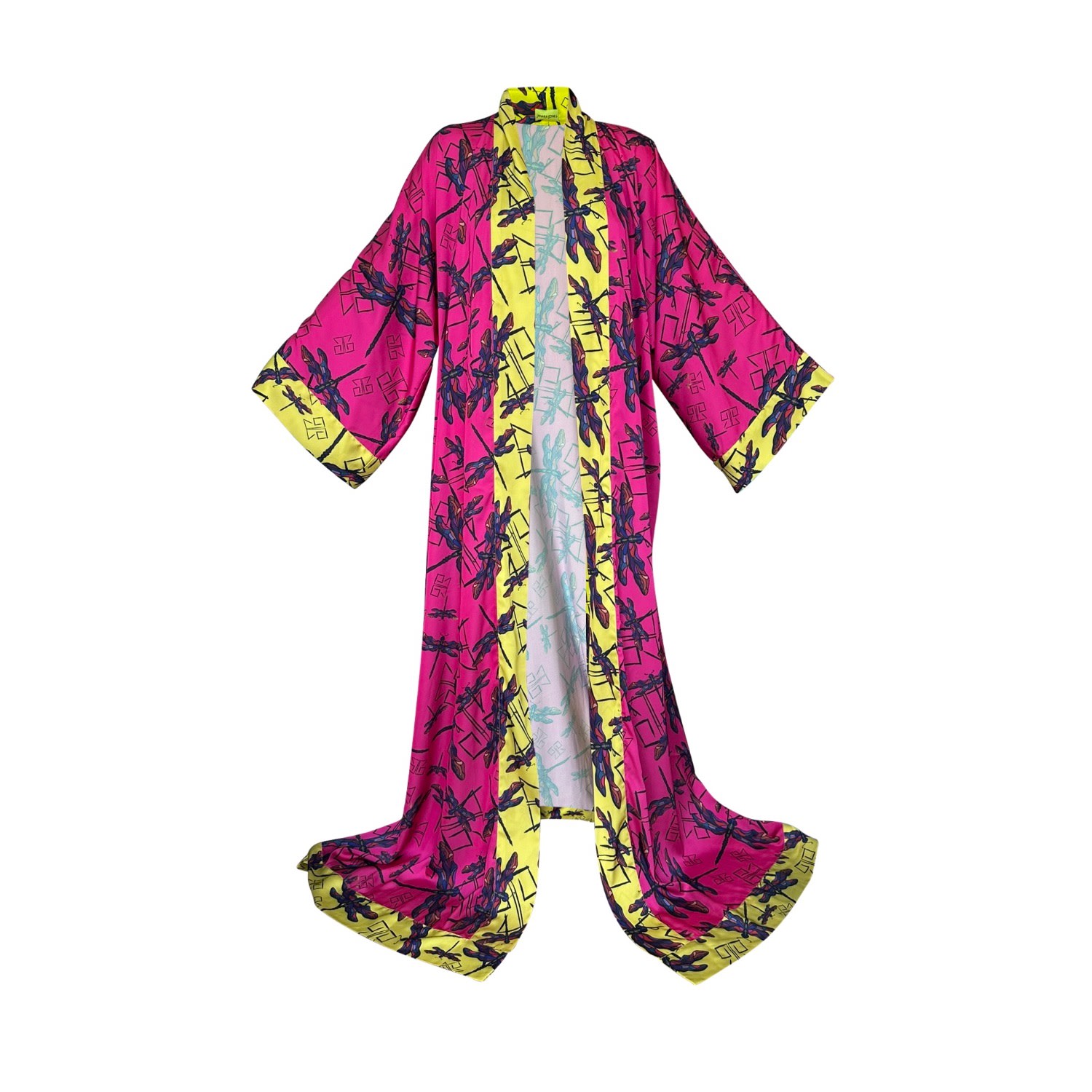 Women’s Pink / Purple Pink Dragonfly Print Satin Open Extra Long Abaya Kaftan One Size Janara Jones