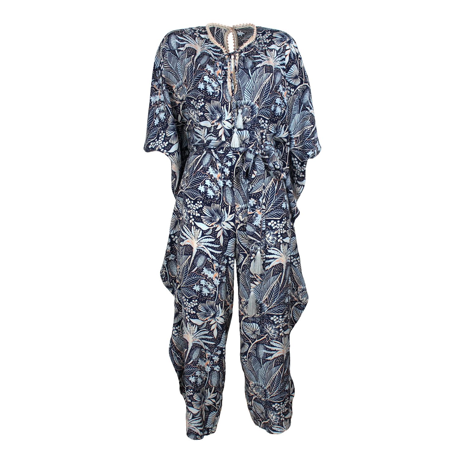 Lalipop Design Women's Blue Floral Print Jumpsuit With Fluttering Cape Sleeves In Blue