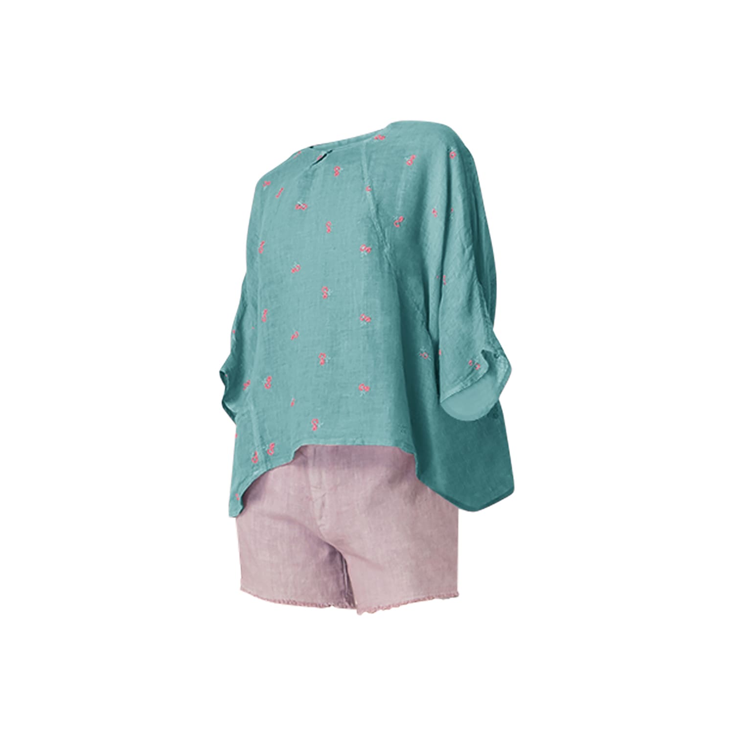 Haris Cotton Women's Linen Gauze Blouse With Embroidery And Front Pocket Crystal Blue Fuchsia In Blue