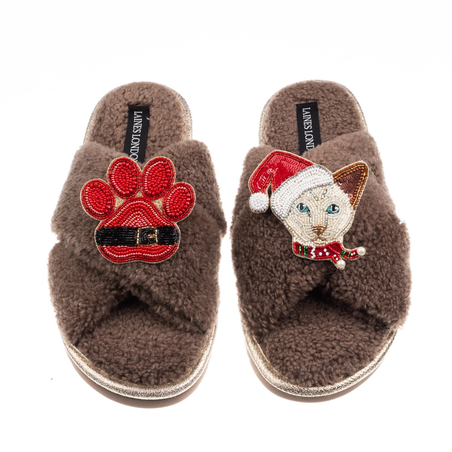 Laines London Women's Brown / Neutrals Laines Boucle Slippers With Christmas White Siamese Cat & Paw Brooches - Mi In Brown