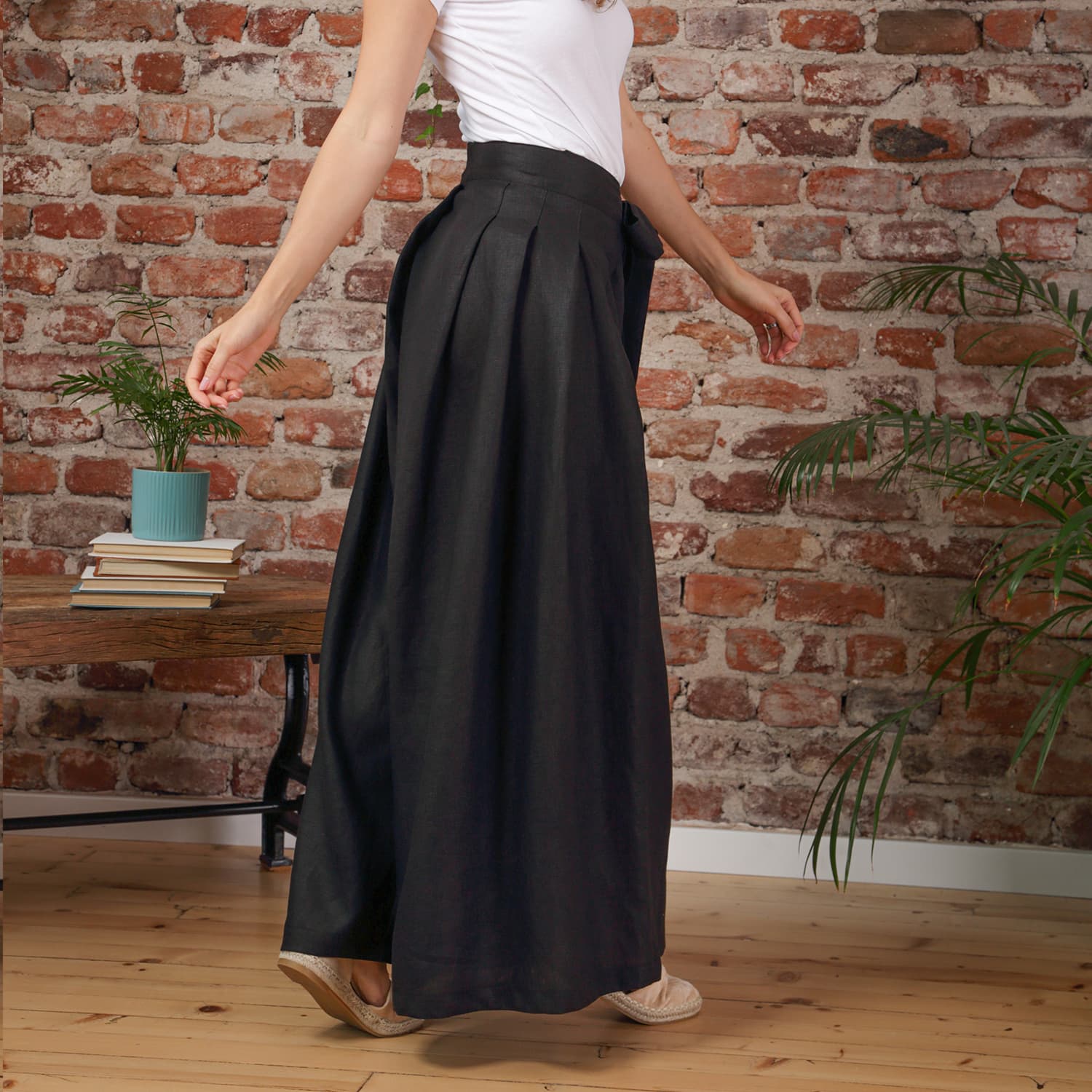 【mnem】Shaka Wrap Wide Pants Wrap Around Wide Leg Linen Pants With Front Tie In Black