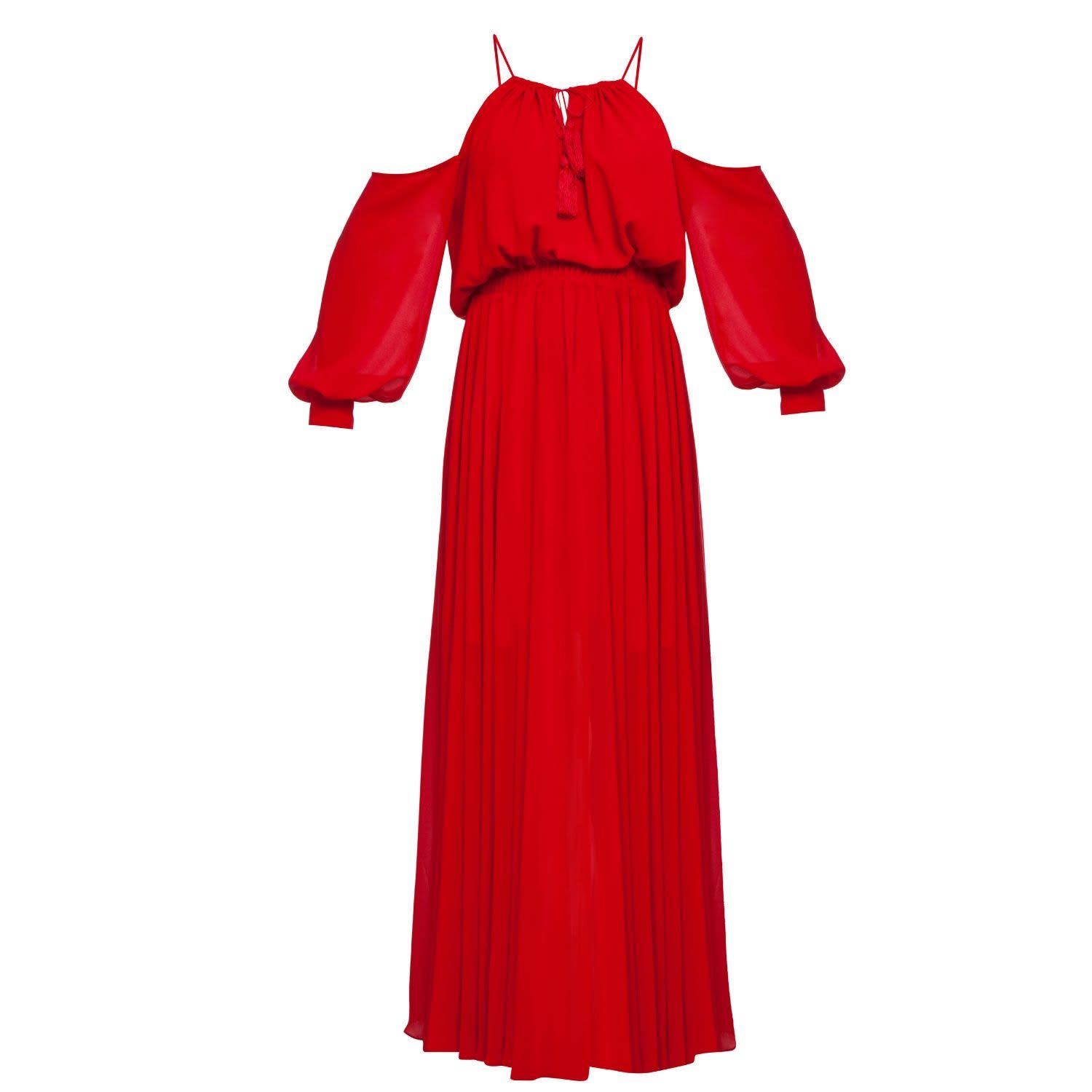 red cold shoulder maxi dress