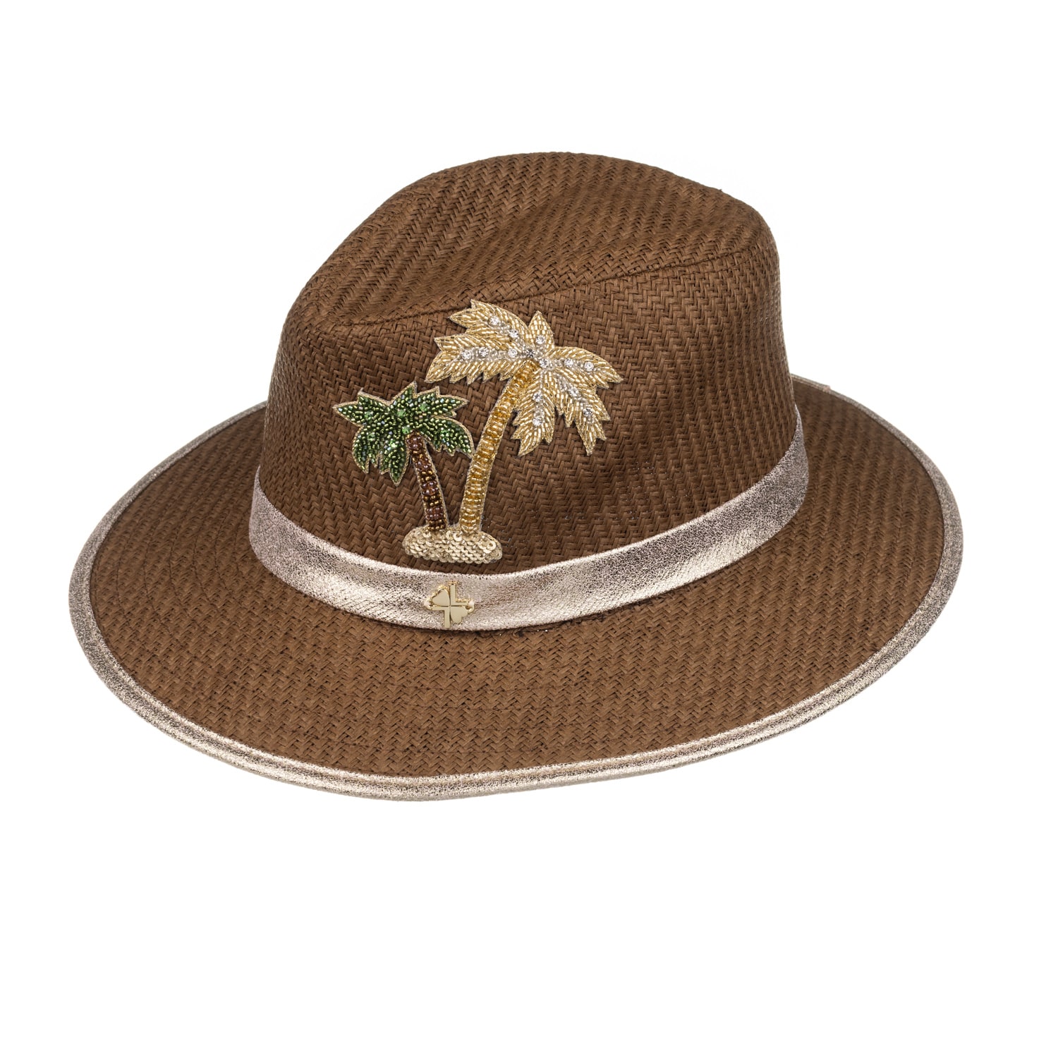 Laines London Women's Brown Straw Woven Hat With Couture Embellished Palm Tree Design - Caramel