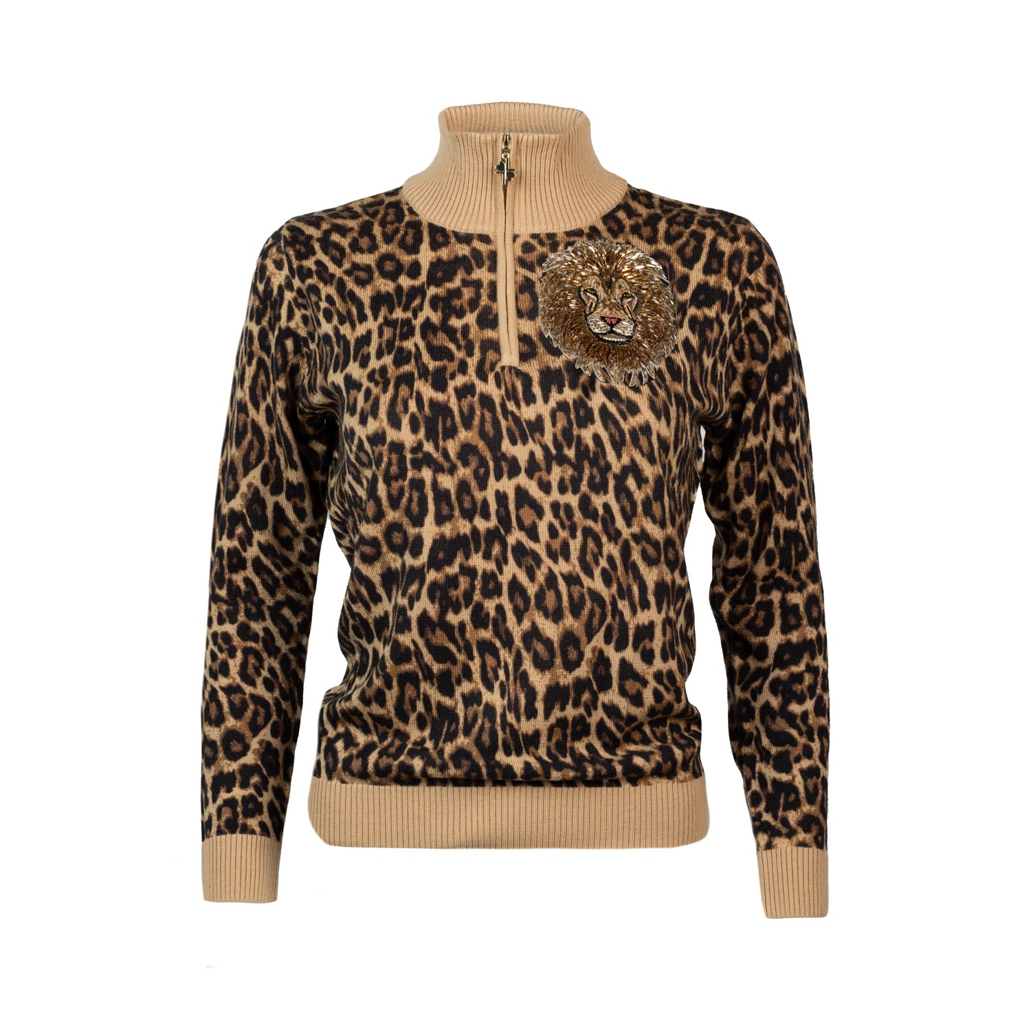 Laines London Women's Black / Brown / Gold Laines Couture Animal Print Quarter Zip Jumper With Embellished Lion He In Black/brown/gold