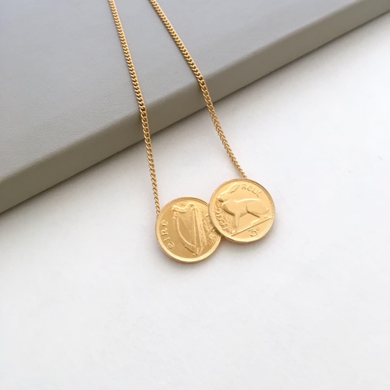 3D Double Irish Coin Necklace In Yellow Gold Plate Katie Mullally Wolf Badger