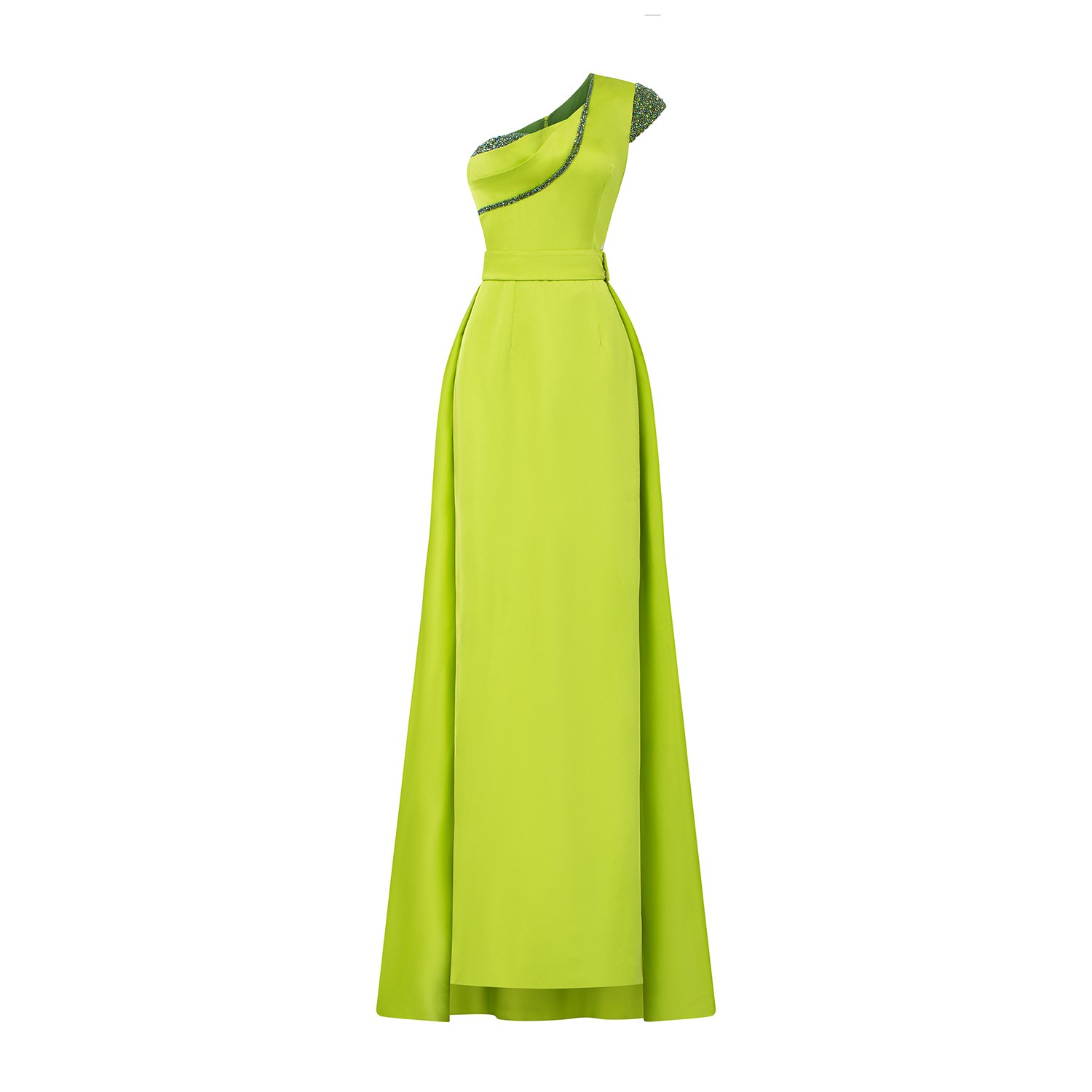 Women’s Green Acid Lime One-Shoulder Dress With Asymmetrical Burst Pleats Medium I. h.f Atelier