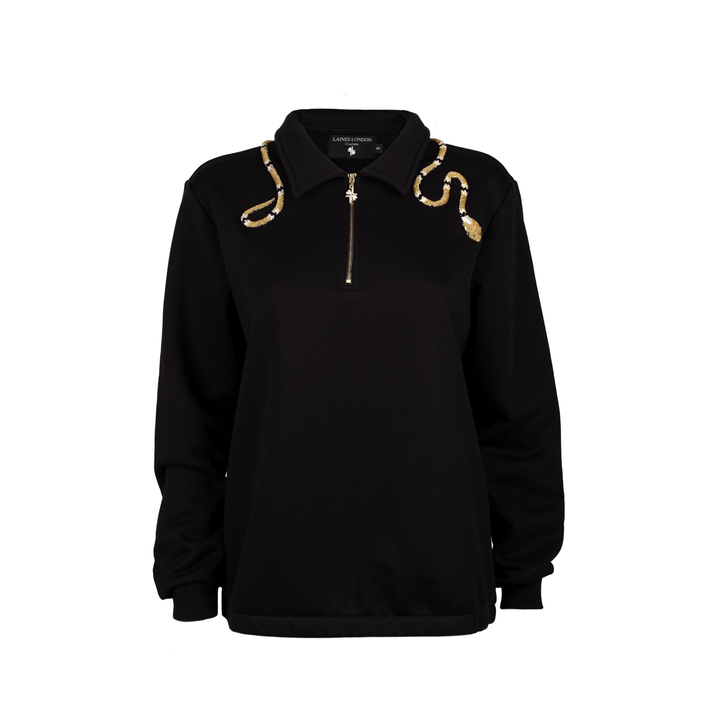 Women’s Laines Couture Black Quarter Zip Sweatshirt With Black & Gold Wrap Snake Medium Laines London