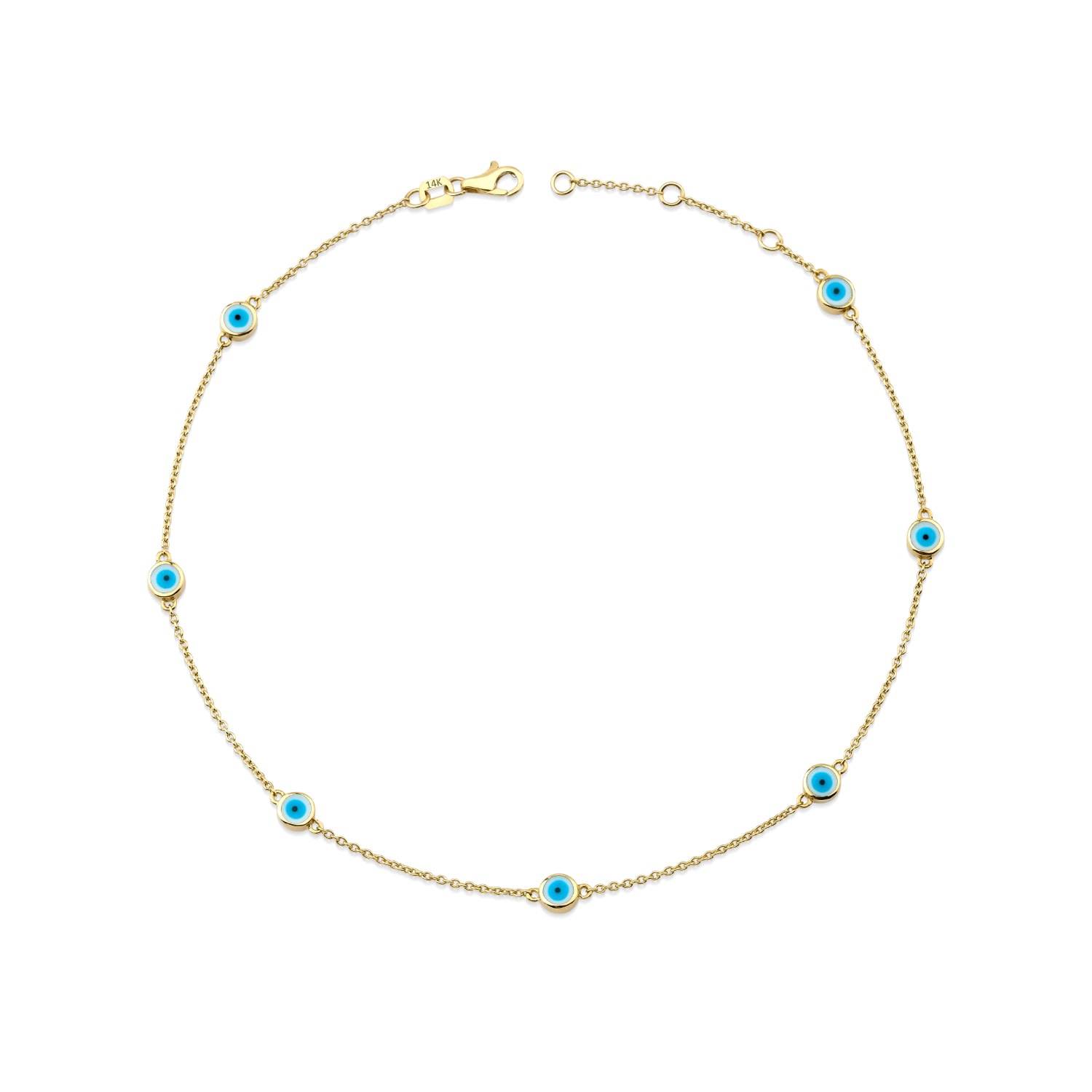 Jewelsty Fine Jewelry Women's Evil Eye Anklet, White Seven Evil Eye Ankle Bracelet, Solid Gold Anklet In White
