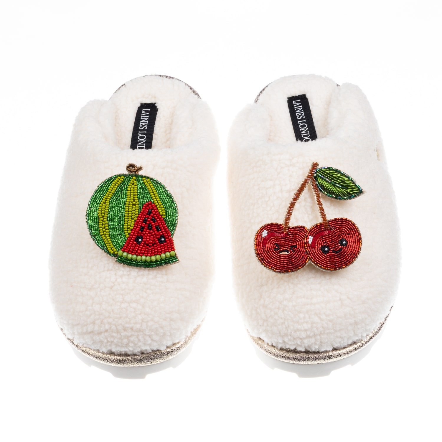 Laines London Women's Neutrals / White Teddy Closed Toe Slippers With Laines Lovables Watermelon & Cherry Brooches In White