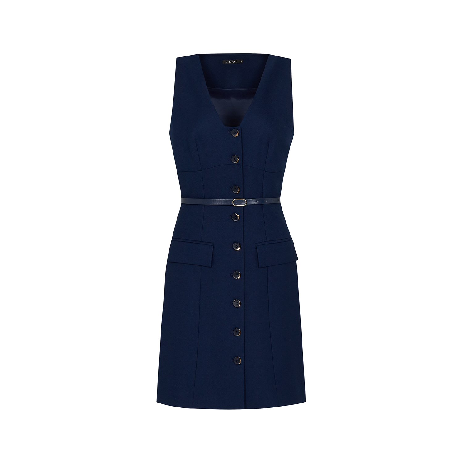 Rue Les Createurs Women's Blue Leather Belted Button-front Navy Mini Dress In Blue