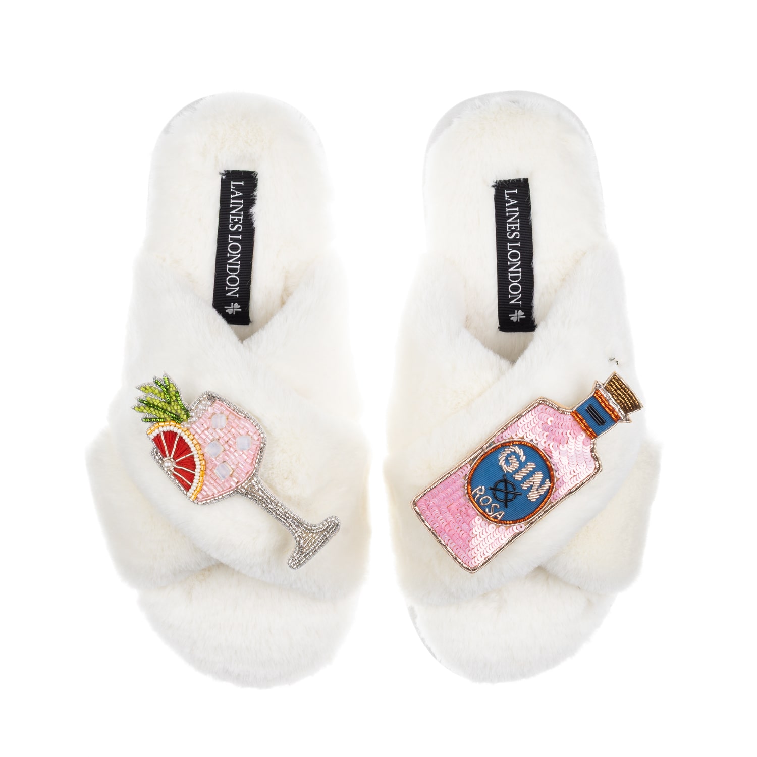 Laines London Women's White / Neutrals Classic Laines Slippers With Sicilian Pink & Grapefruit Gin Brooches - Crea In White