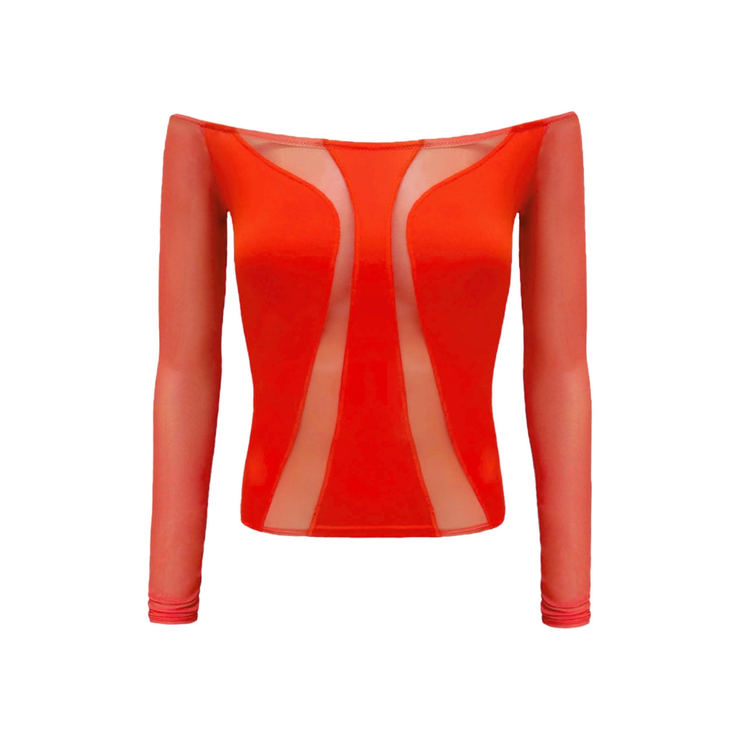 Shop Ow Collection Women's Red Swirl Off Shoulder Blouse With Mesh Details